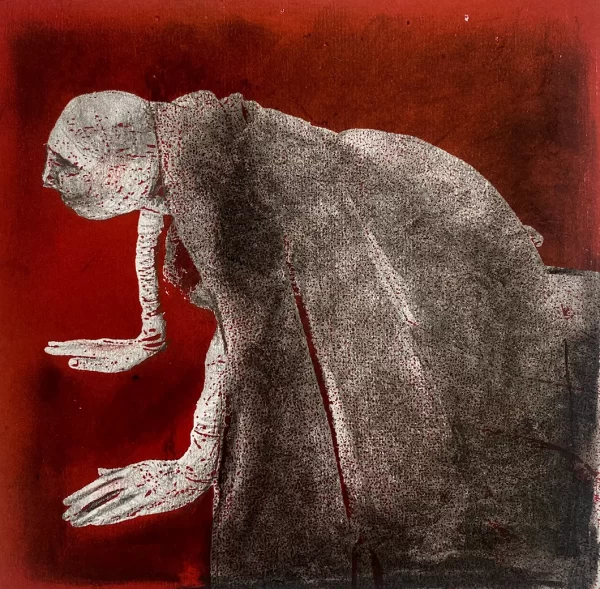 Crawling woman print on bloodred background.