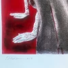 Crawling woman print on bloodred background. Detail with artist signature