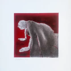 Crawling woman print on bloodred background. With white mount