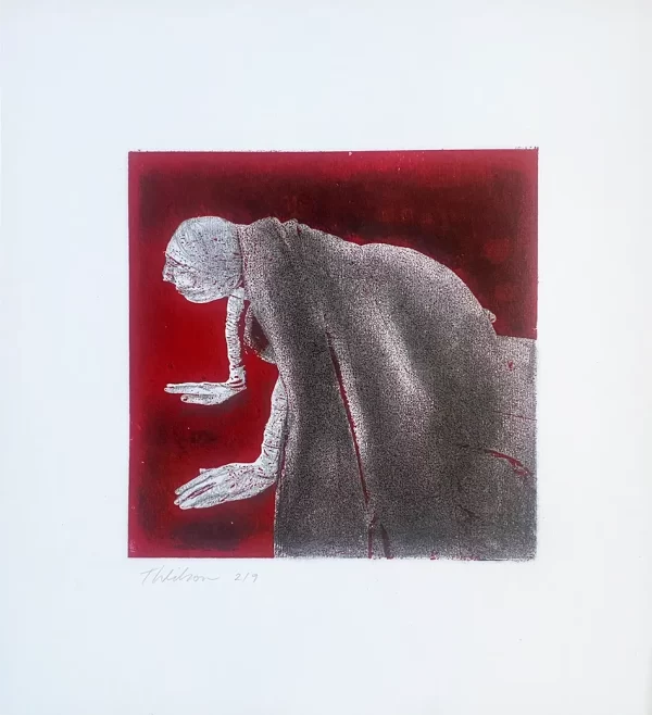 Crawling woman print on bloodred background. With white mount