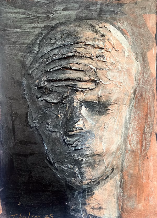 Rugged mixed media drawing of a head