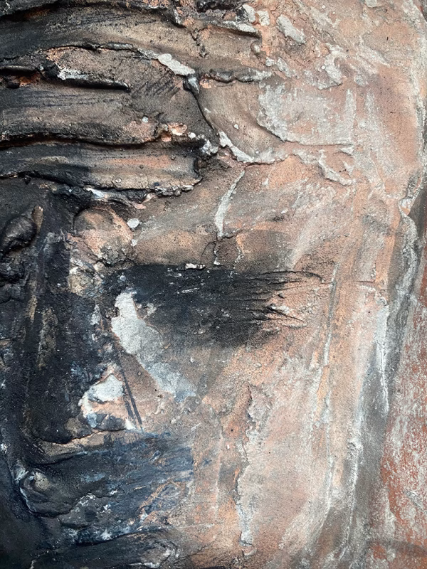 Rugged mixed media drawing of a head (detail 1)