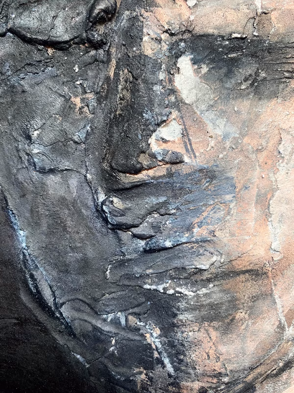 Rugged mixed media drawing of a head (detail 2)