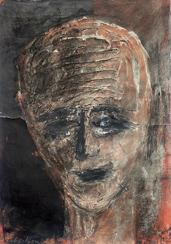Rugged mixed media drawing of a head