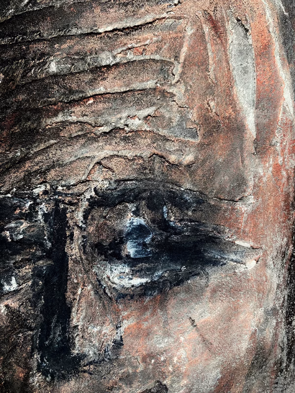 Rugged mixed media drawing of a head (detail 1)