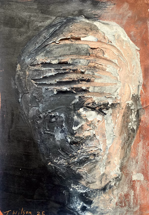 Rugged mixed media drawing of a head