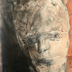 Rugged mixed media drawing of a head