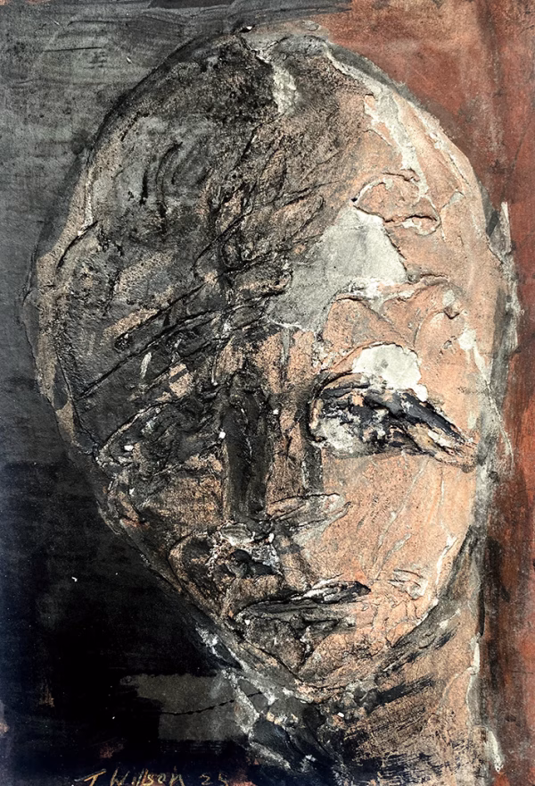 Rugged mixed media drawing of a head