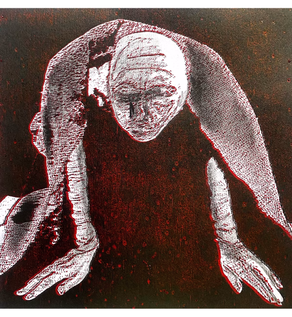 Crawling Woman 1 Black/Red A woman crawls along the ground. She is bald, skeletal and covered in a removal blanket. Printed and tinted/shaded in black and red.