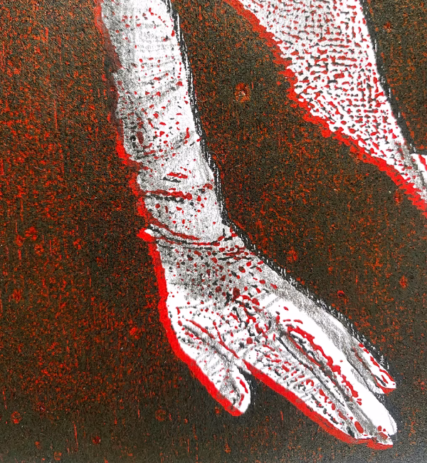 Crawling Woman 1 Black/Red Detail: A woman crawls along the ground. She is bald, skeletal and covered in a removal blanket. Printed and tinted/shaded in black and red.