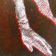 Crawling Woman 1 Black/Red Detail: A woman crawls along the ground. She is bald, skeletal and covered in a removal blanket. Printed and tinted/shaded in black and red.