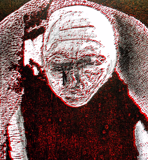 Crawling Woman 1 Black/Red Detail: A woman crawls along the ground. She is bald, skeletal and covered in a removal blanket. Printed and tinted/shaded in black and red.