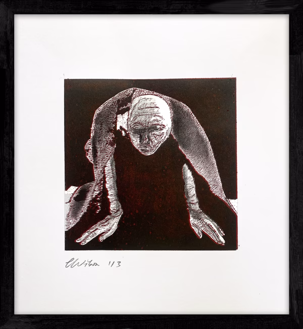 Crawling Woman 1 Black/Red A woman crawls along the ground. She is bald, skeletal and covered in a removal blanket. Printed and tinted/shaded in black and red.