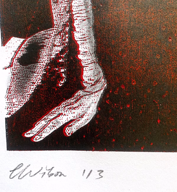 Crawling Woman 1 Black/Red Detail: A woman crawls along the ground. She is bald, skeletal and covered in a removal blanket. Printed and tinted/shaded in black and red.