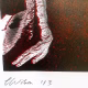 Crawling Woman 1 Black/Red Detail: A woman crawls along the ground. She is bald, skeletal and covered in a removal blanket. Printed and tinted/shaded in black and red.