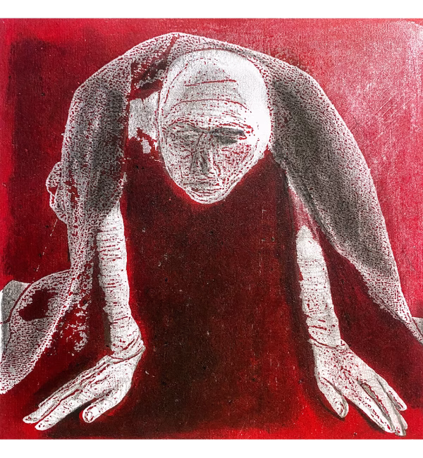 A woman crawls along the ground. She is bald, skeletal and covered in a removal blanket. Printed and tinted/shaded in red.