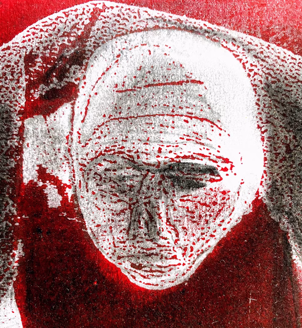 Detail: A woman crawls along the ground. She is bald, skeletal and covered in a removal blanket. Printed and tinted/shaded in red.