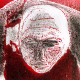 Detail: A woman crawls along the ground. She is bald, skeletal and covered in a removal blanket. Printed and tinted/shaded in red.