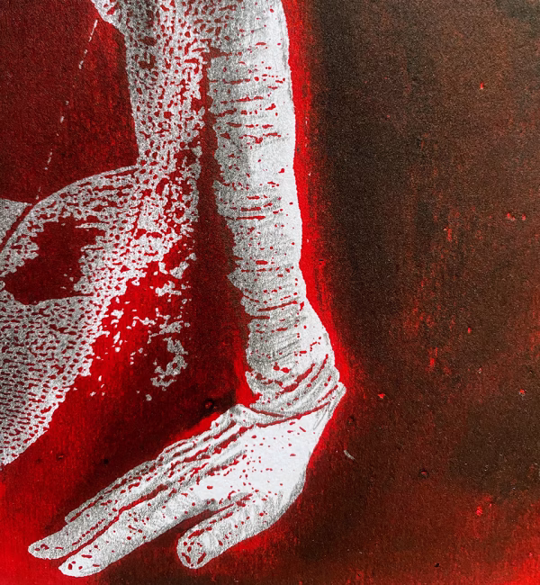 Detail: A woman crawls along the ground. She is bald, skeletal and covered in a removal blanket. Printed and tinted/shaded in red.
