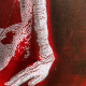 Detail: A woman crawls along the ground. She is bald, skeletal and covered in a removal blanket. Printed and tinted/shaded in red.