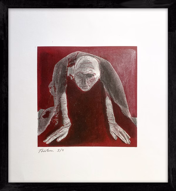 A woman crawls along the ground. She is bald, skeletal and covered in a removal blanket. Printed and tinted/shaded in red.
