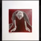 A woman crawls along the ground. She is bald, skeletal and covered in a removal blanket. Printed and tinted/shaded in red.
