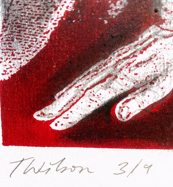 Detail. A woman crawls along the ground. She is bald, skeletal and covered in a removal blanket. Printed and tinted/shaded in red.