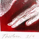 Detail. A woman crawls along the ground. She is bald, skeletal and covered in a removal blanket. Printed and tinted/shaded in red.