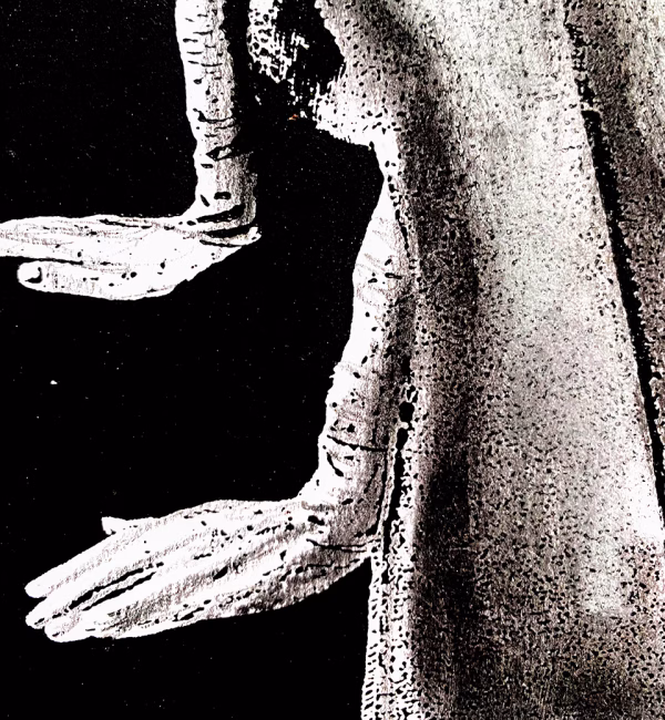 Detail: A woman crawls along the ground. She is bald, skeletal and covered in a removal blanket. Printed and tinted/shaded in black.