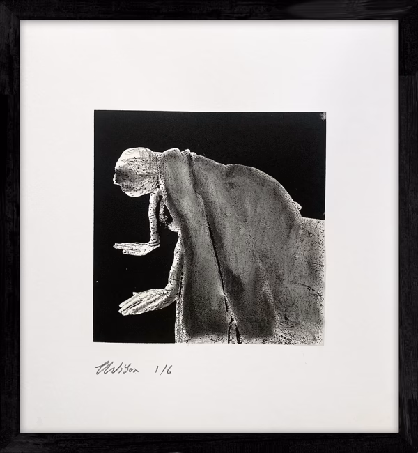 A woman crawls along the ground. She is bald, skeletal and covered in a removal blanket. Printed and tinted/shaded in black.