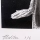 Detail: A woman crawls along the ground. She is bald, skeletal and covered in a removal blanket. Printed and tinted/shaded in black.