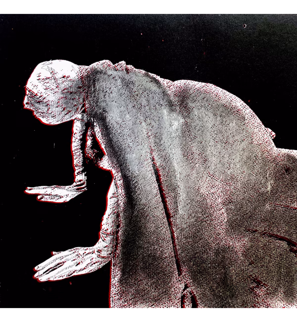 A woman crawls along the ground. She is bald, skeletal and covered in a removal blanket. Printed and tinted/shaded in black and red.