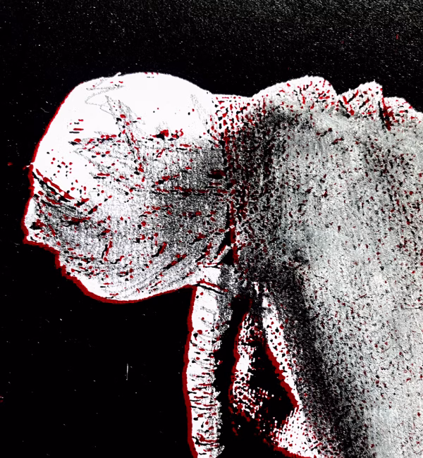 Detail: A woman crawls along the ground. She is bald, skeletal and covered in a removal blanket. Printed and tinted/shaded in black and red.