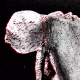 Detail: A woman crawls along the ground. She is bald, skeletal and covered in a removal blanket. Printed and tinted/shaded in black and red.