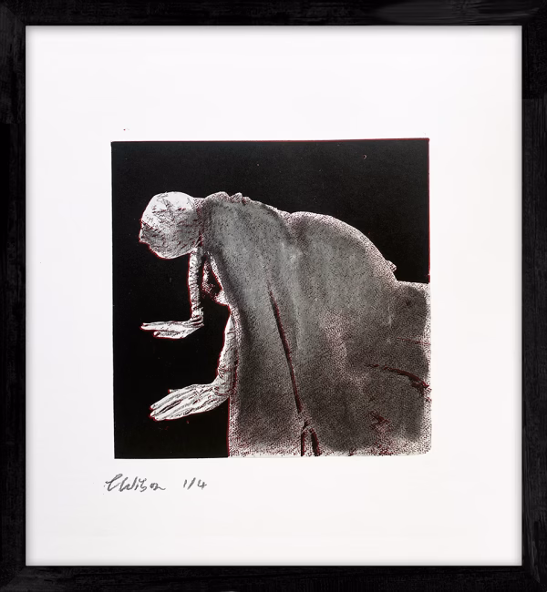 A woman crawls along the ground. She is bald, skeletal and covered in a removal blanket. Printed and tinted/shaded in black and red.
