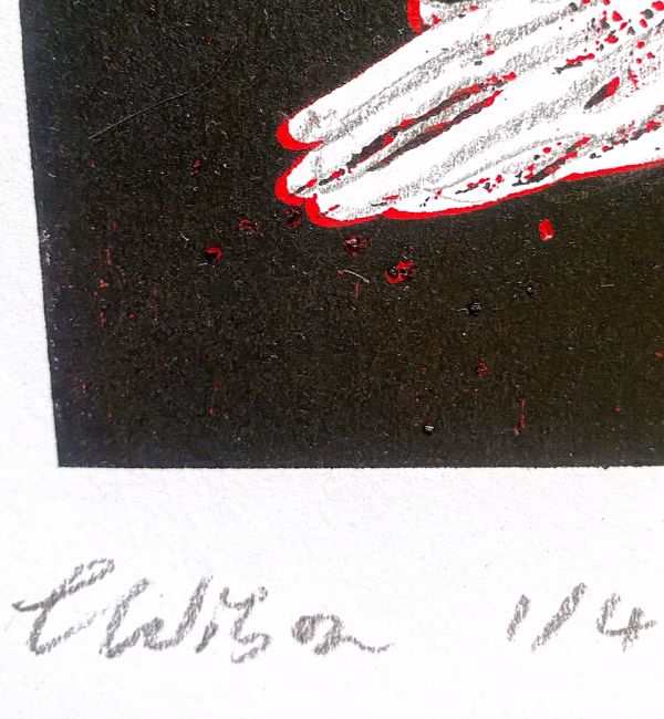 Detail: A woman crawls along the ground. She is bald, skeletal and covered in a removal blanket. Printed and tinted/shaded in black and red.