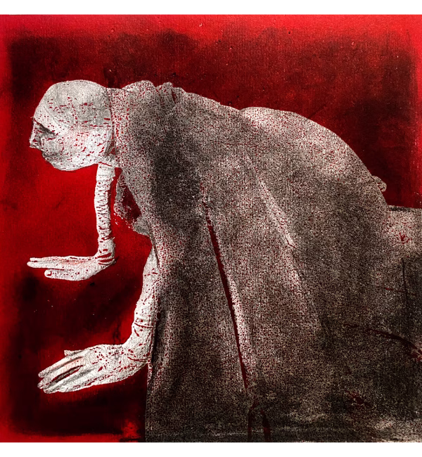 A woman crawls along the ground. She is bald, skeletal and covered in a removal blanket. Printed and tinted/shaded in red.