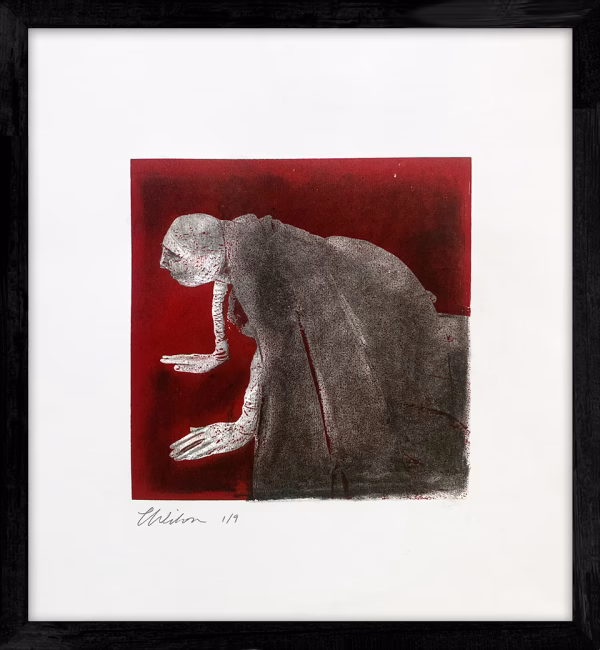 A woman crawls along the ground. She is bald, skeletal and covered in a removal blanket. Printed and tinted/shaded in red.