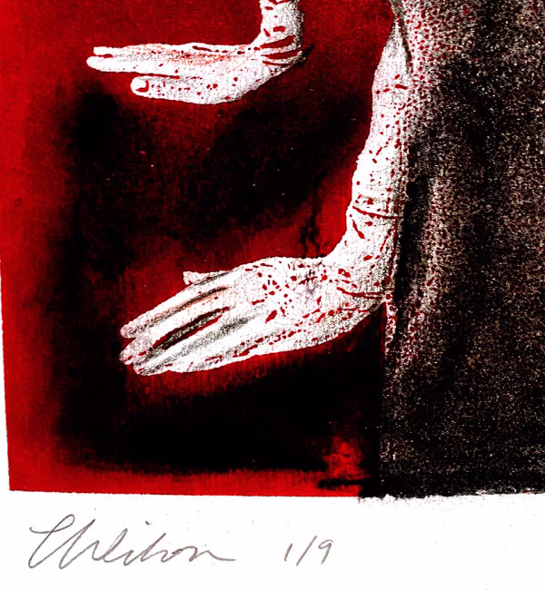 Detail: A woman crawls along the ground. She is bald, skeletal and covered in a removal blanket. Printed and tinted/shaded in red.