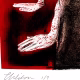 Detail: A woman crawls along the ground. She is bald, skeletal and covered in a removal blanket. Printed and tinted/shaded in red.