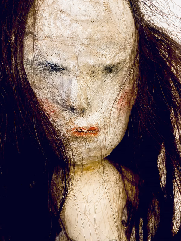 Uncanny girl doll with long dark brown hair. Face detail.