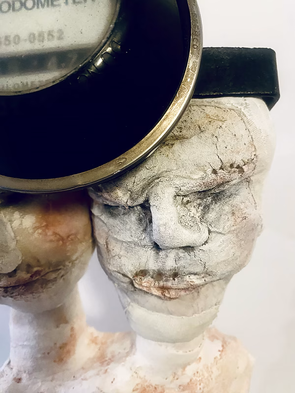 Double headed skeletal torso sculpture crowned with a vintage mechanical hubodometer